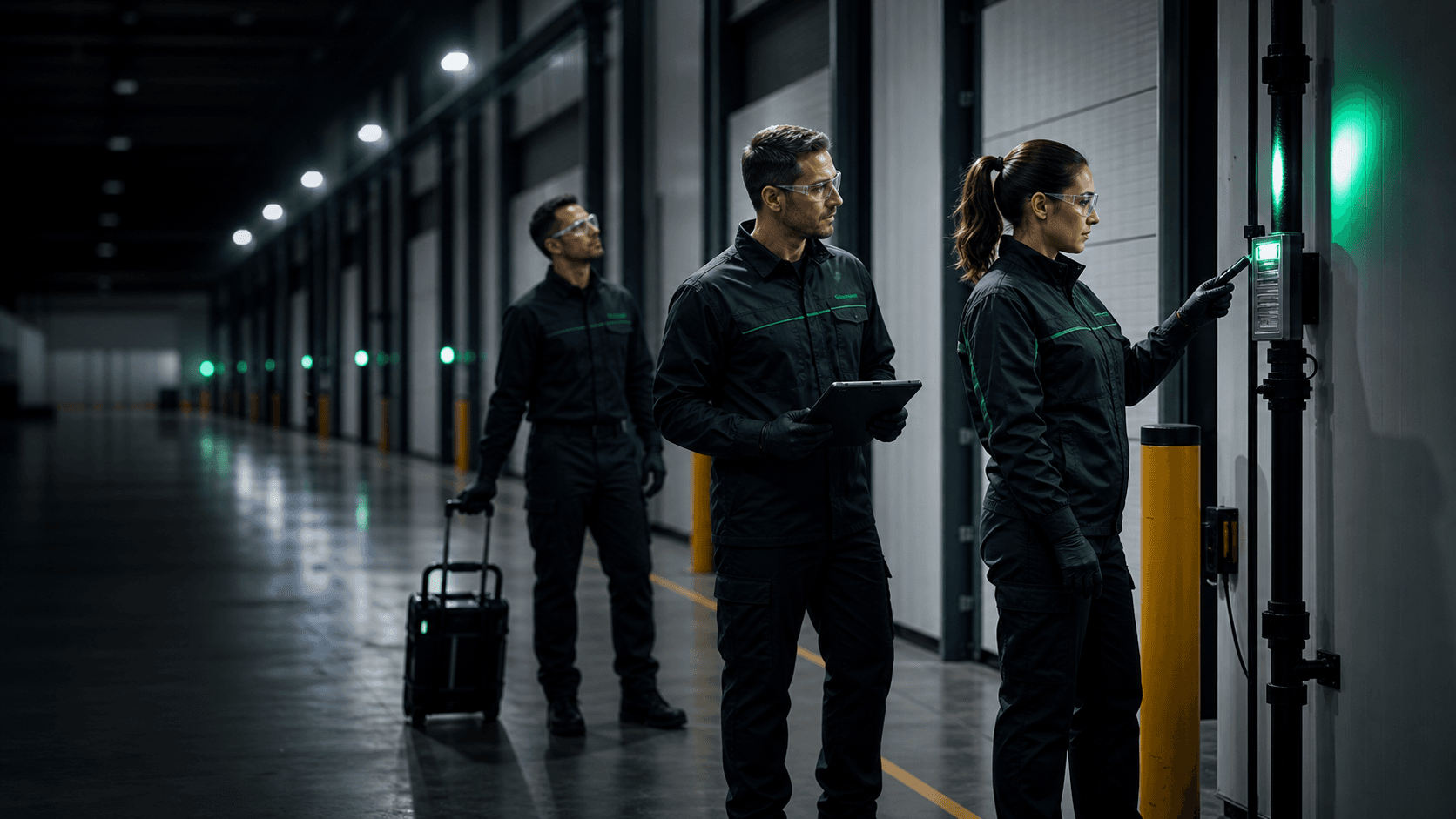 Técnicos da Prime Control em ambiente corporativo com equipamentos profissionais.